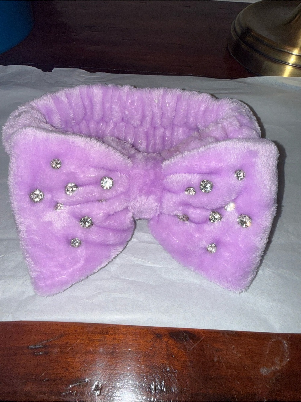 Plush Bow Headband - Lavender with Rhinestones